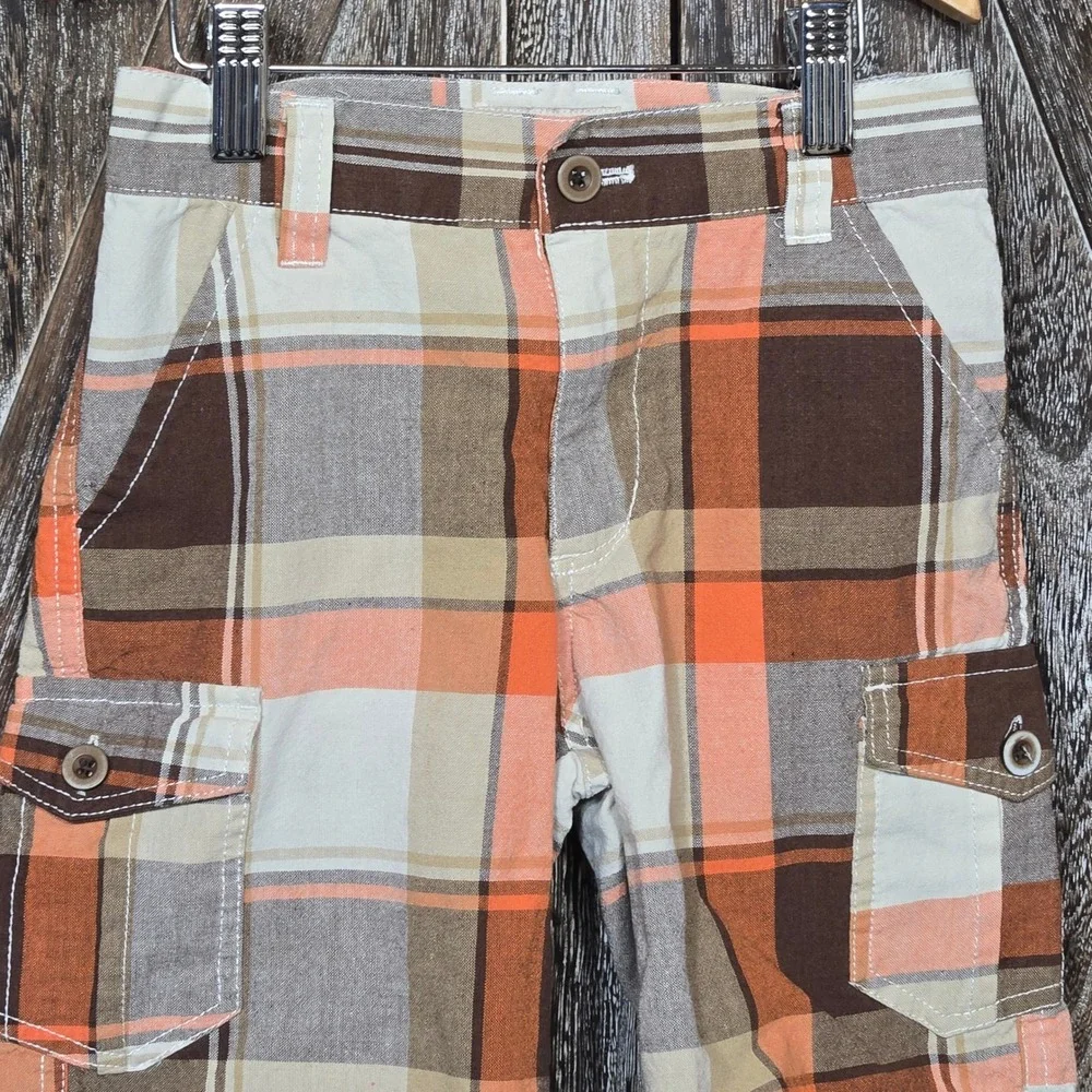 Carters Plaid Cargo Shorts Orange Brown‎ Beige Kids Size 5 Cotton Blend